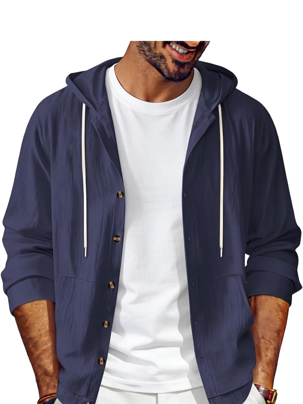 Men's Navy Hooded Button-Front linen shirt